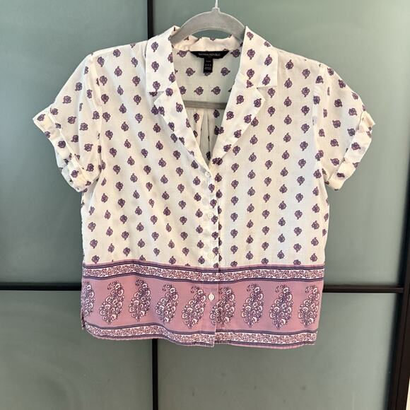 Banana Republic Block Print Button Down Top Size XXSP Petite Cotton Casual - Picture 9 of 11